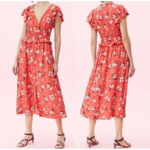 Rebecca Taylor Daniella Smocked Floral Silk Button Down Midi Dress - L